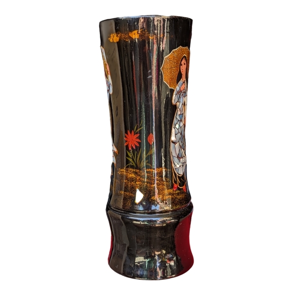 Flying Horse Footed Lacquer Vase with Mother of Pearl Abalone Inlay Hand Painted - Picture 4 of 10